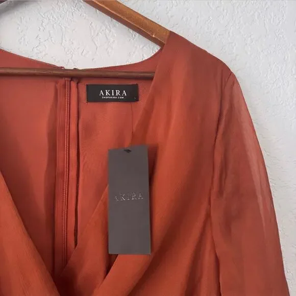Akira Rust Red Orange Long Sleeve Faux Wrap Dress Size Large - Picture 3 of 5